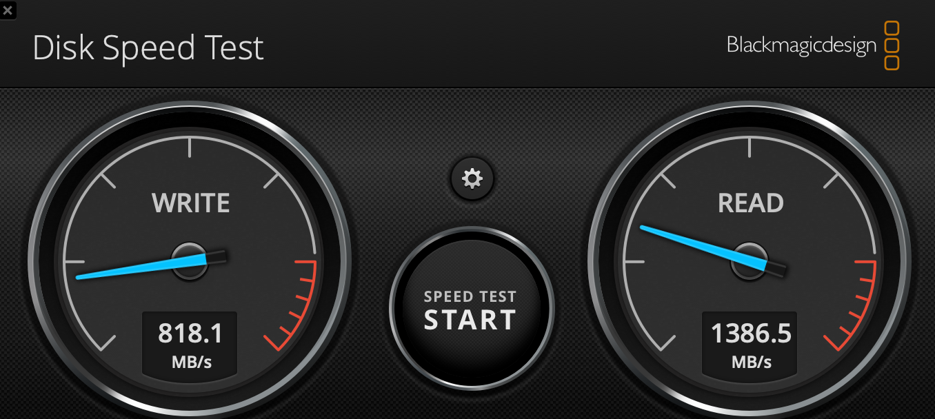 Screenshot of Disk Speed Test Result: Read: 1386.5 MB/s & Write: 818.1 MB/s