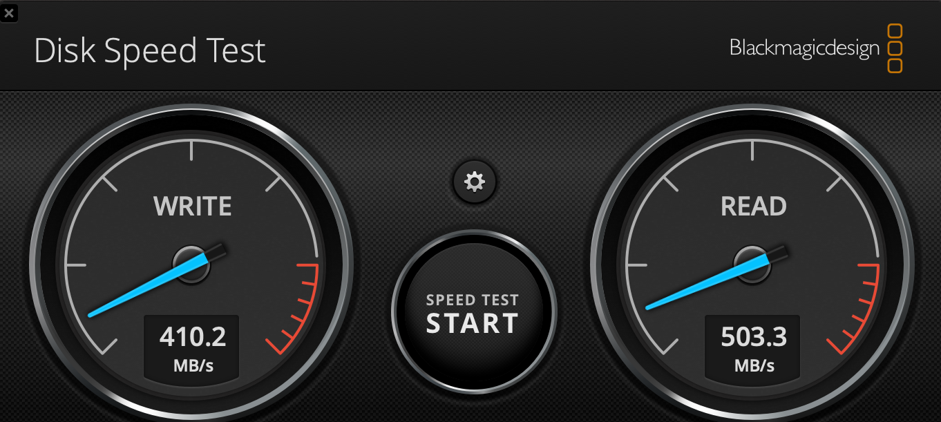 Screenshot of Disk Speed Test Result: Read: 410.2 MB/s & Write: 503.3 MB/s
